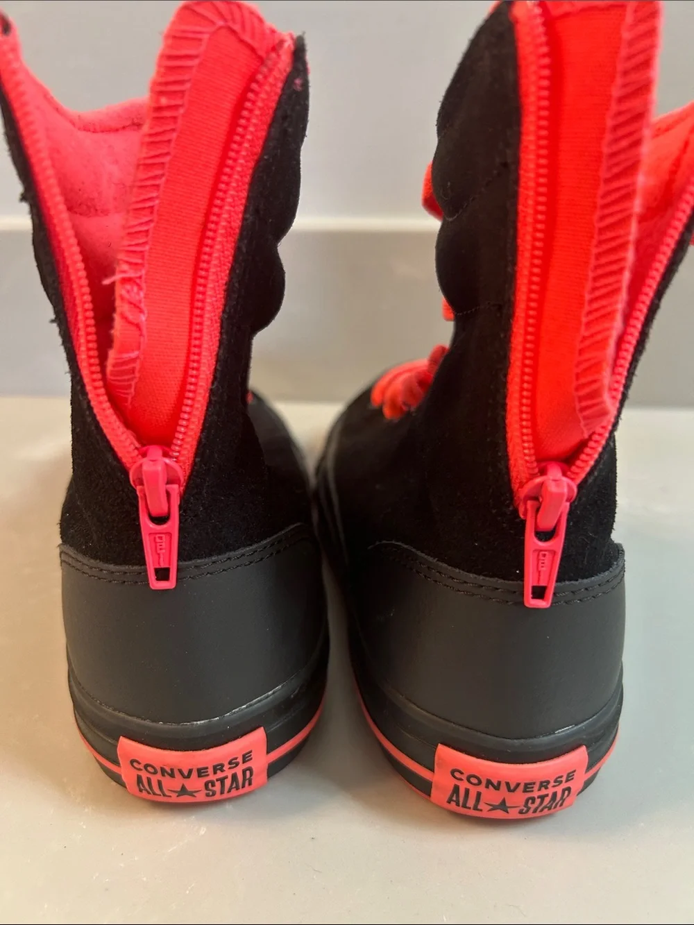 Converse Kids Black High-Top Boots with Bright Red Laces and Lining